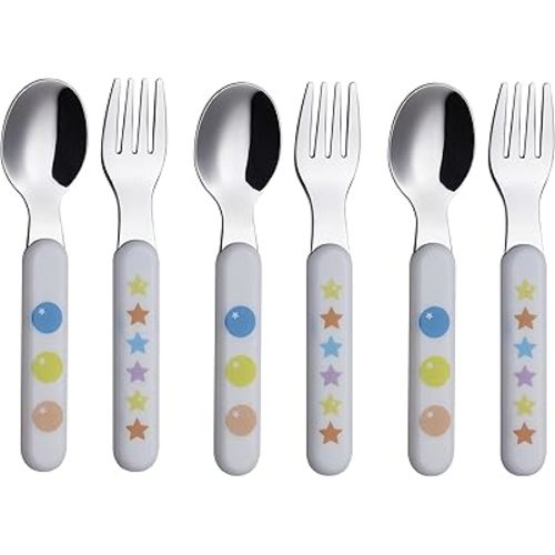EXZACT Kids Flatware 6pcs Stainless Steel 18/10 Toddler Utensils Flatware- 3 x Forks, 3 x Spoons- BPA Free, Dishwasher Safe - 12 M+ - Stars & Dots