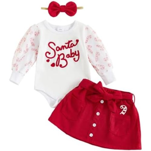 Infant Newborn Baby Girl Christmas Outfit Santa Baby Candy Cane Long Sleeve Romper Top Corduroy Skirt Set Clothes