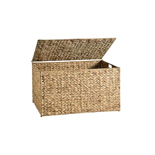 Water Hyacinth Storage Basket with Lid, 17.2 Gallon (65L) Wicker Storage Trunk with Handles, Handwoven Wicker Storage Bin for Blanket, Foldable, for Living Room, Laundry Room, Natural