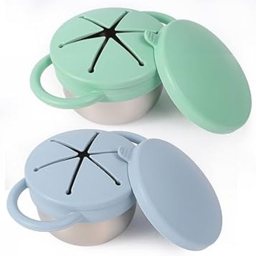 2 Pack Stainless Steel Spill Proof Snack Cup for Baby Toddlers Kids, with Silicone Food Catcher, Travel Lid, Spill-Proof Bowl Containers, Toddlers Essentials, Non Toxic BPA Free