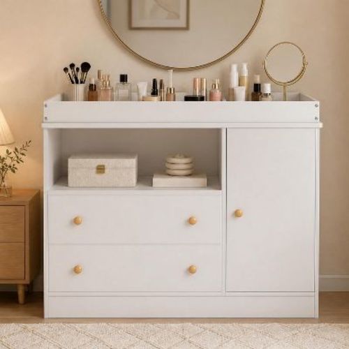 Wooden Baby Changing Table with Drawers and Cabinet, Nursery Diaper Changing Station Storage Shelves for Infant Newborn Toddler Girls Boys, White