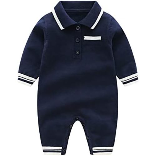 Newborn Baby Boy Knit Polo Romper Jumpsuit Solid Button Long Sleeve Collared Bodysuit Fall Winter Outfit
