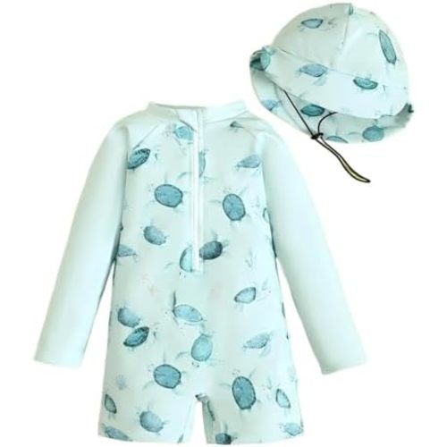 Baby/Toddler Boy Long Sleeve Rash Guard Swimsuit Sun Protection One Piece Swimwear with Hat Quick Dry Bathing Suit