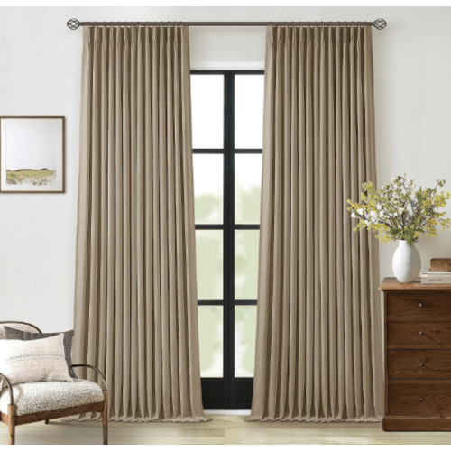 Light Brown Pleated Linen 100% Blackout Curtains 90 Inches Long for Bedroom
