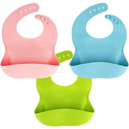 3 Pack Silicone Baby Bib for Babies & Toddlers (6-72 Months), Waterproof, BPA Free, Green Pink and Blue, Easy Wipe Clean
