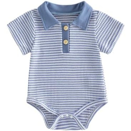 VISGOGO Baby Boy Striped Romper Waffle Short Sleeve Button Oversized Bodysuit Summer Baby Collared Onsie Polo Shirt Clothes