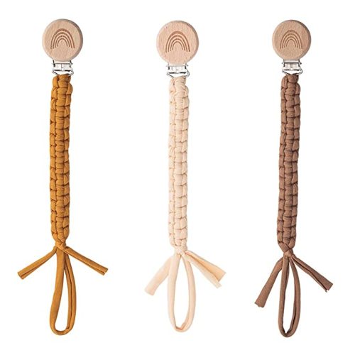 Pacifier Clip for Boys Girls Pacifier Holder Leash Boho Rainbow Wooden Clips Handmade Braided Cotton Unisex Baby Shower Birthday Gift Christmas Gift
