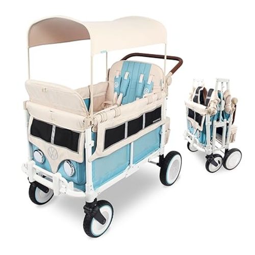 WONDERFOLD Volkswagen Stroller Wagon (4 Seater) - Collapsible Wagon Stroller with VW Bumper, Functioning Headlights, and All-Terrain XL Wheels