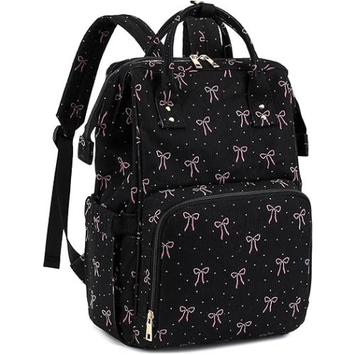 Corduroy Diaper Bag Backpack for Mom, Large Capacity Travel Nappy Bag for Baby Girls & Boys with Stroller Straps (Corduroy Bow Tie Black)