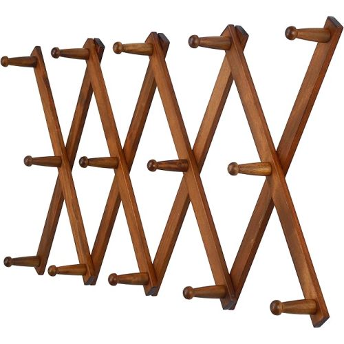 Dseap Accordian Wall Hanger: 16” High Wooden Wall Expandable Coat Rack, Hat Rack Holder, Accordion Hook for Baseball Caps, Coats, Mugs, 14 Peg Hooks, Brown