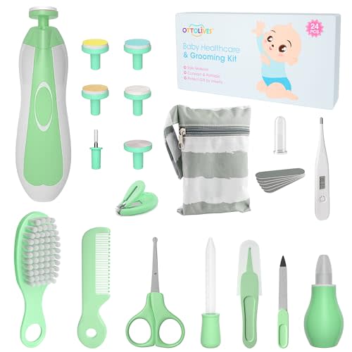 OTTOLIVES Baby Healthcare and Grooming Kit, 24 in 1 Baby Electric Nail Trimmer Set Newborn Nursery Health Care Set for Newborn Infant Toddlers Baby Boys Girls Kids (0-3 Years+) (Green)