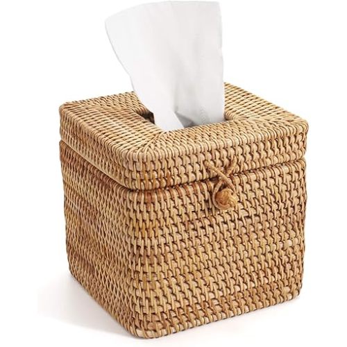 Rattan Square Tissue Box Cover, 5.7" x 5.7" x 5", Decorative Woven Facial Tissue Holder with Hinged Top Lid, Natural Color