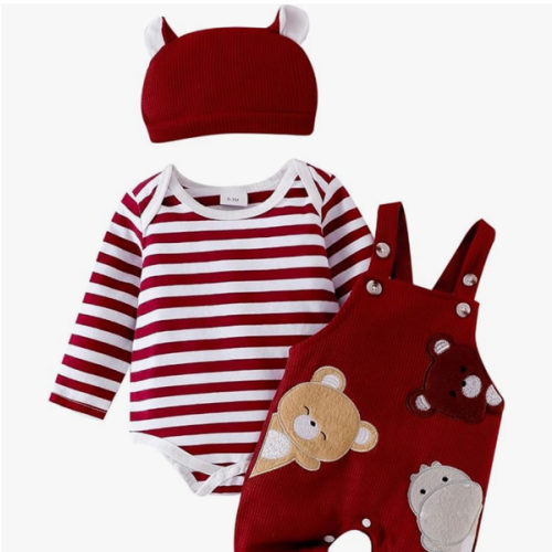Baby Boy Clothes Newborn Striped Romper Fall Outfits + Infant Cartoon Suspender Overall + Cute Hat 3 Pcs 0-18 Months