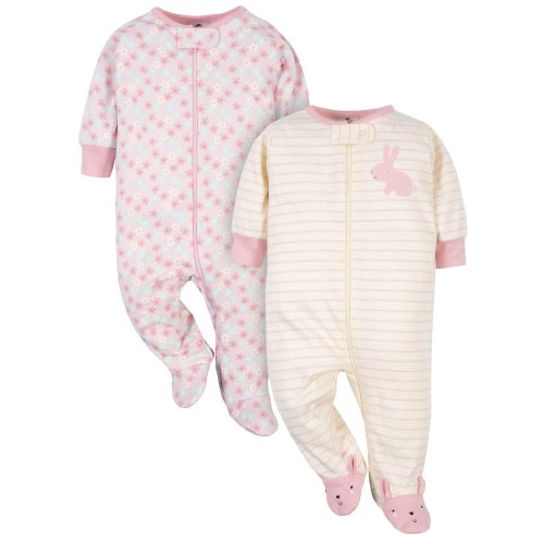 Gerber Newborn Baby Girls Organic Cotton Sleep 'N Play Footed Pajamas, 2-Pack (0/3M-6/9M)