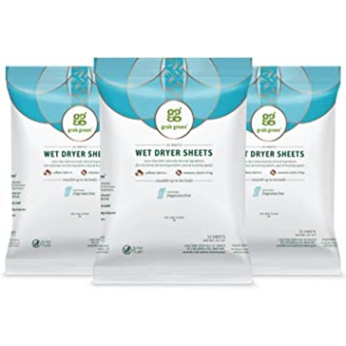 Grab Green Wet Dryer Sheets, 96 Count, Fragrance Free, Plant Based, Softens Fabrics, Reduces Static Cling and Wrinkles