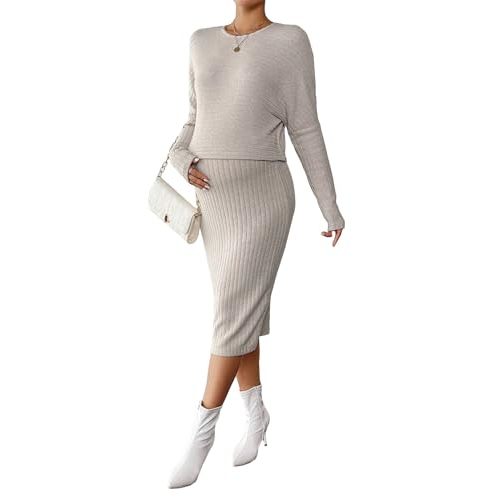 WDIRARA Women's 2 Piece Maternity Ribbed Outfit Long Sleeve Tee and Adjustable Waist Midi Skirt Set