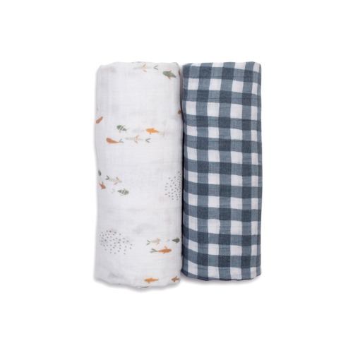 Lulujo Cotton Muslin Swaddles Fish + Navy Gingham
