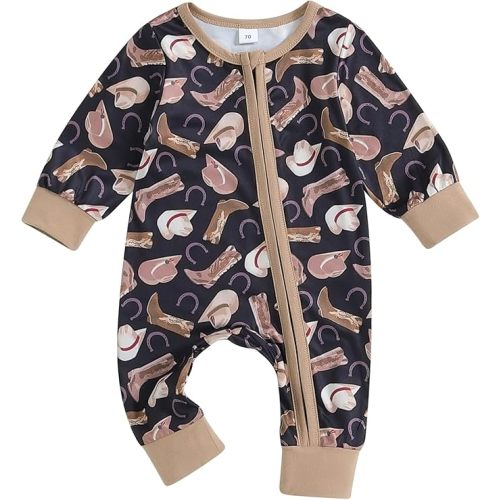 SAYOO Western Baby Cowboy Clothes Neutral Zipped Fall Romper Outfit for Boy Girl Infant Lapel Cow Print One-piece Jumpsuit