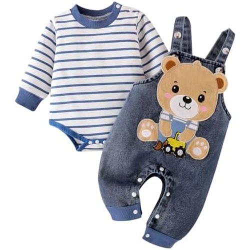 Baby Boy Clothes Fall Winter Outfit Cute Romper Striped Long Sleeve Romper Cartoon Denim Jumpsuit Pants 0-18 Months