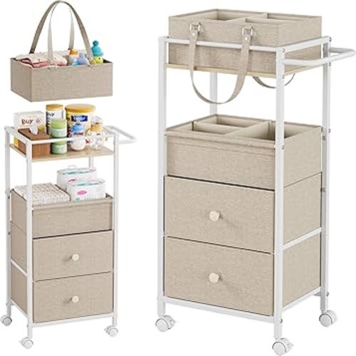 Baby Diaper Caddy Organizer Cart with Drawers - 3In1 Rolling Storage Cart with Wheels, Removable Diaper Caddy, Detachable Dividers - for Crib, Bedroom, Art & Craft Organizer (Off White)