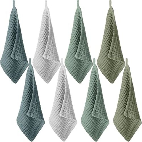 SmoothNovelty 8 Pcs Baby Washcloths for Newborn 12 x 12 Inch Muslin Face Towels Cotton Absorbent for Delicate Skin Soft Muslin Cloth Reusable Baby Registry as Shower Gift, 4 Colors(Green Color)