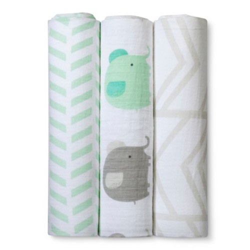 Muslin Swaddle Blankets Elephants 3pk - Cloud Island™ - Mint