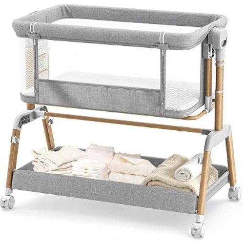 3 in 1 Baby Bassinet, Bedside Sleeper for Newborn, 7-Level Height Adjustable, Rocking Design with Breathable Mesh, Lockable Wheels & Large Storage Space, Portable Baby Crib（Dark Gray）