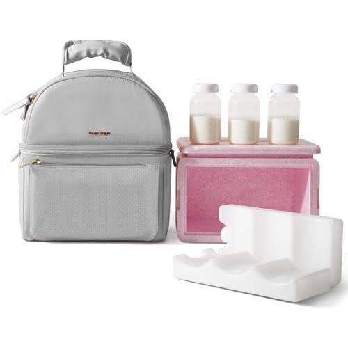 Sunveno Breastmilk Cooler Bag Set with 2 Ice Packs & Detachable Insulation Box, 15-Hour Cold Retention Foil-Lined Leak-Proof Tote Fits 3 Baby Bottles for On-The-Go Pumping Moms, Daycare & Travel,Grey