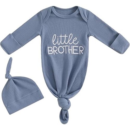 Newborn Boy Coming Home Outfit Baby Infant Sleeper Gown Nightgown Outfits Cute Fall Winter Pajamas and Hat (Waffle Knit Little Brother Blue, newborn): Clothing, Shoes & Jewelry