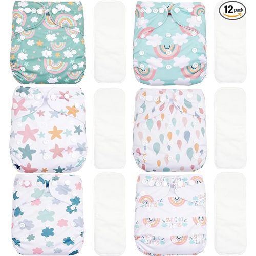CoolaPeach 12 Set Reusable Adjustable Cloth Diapers for Newborn to 0-3 Years,One Size Washable Pocket Nappy Covers for Baby Girl and Boy,6 Pack Cloth Diapers+6pcs Microfiber Inserts(Green 2)
