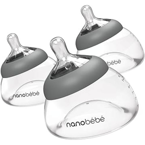 Nanobebe Breastmilk Baby Bottle 3 Pack 5oz Grey Preserves Breastmilk Nutrients Anti Colic Triple Vented Nipple Fast Heating Breast Shaped Bottle for Easy Transition BPA Free