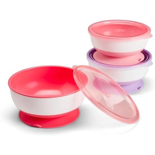 Munchkin Stay Put Suction Baby Bowls with Lids, 3 Pack, Pink/Purple