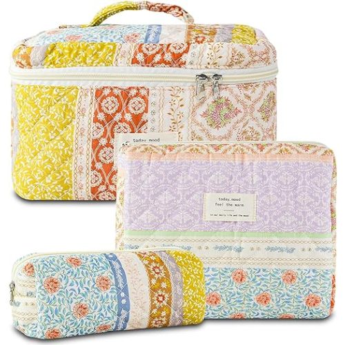 3Pcs Quilted Makeup Bag for Women, Large Travel Makeup Bag Set, Cute Aesthetic Cosmetic Bags, Floral Cotton Makeup Pouch Coquette Toiletry Organizer Bag