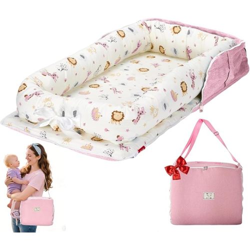 Baby Lounger for Newborn-Portable Baby Lounger 0-24 Months for Home and Travel,Newborn Loungers with Strap, Baby Nest Lounger Adjustable Size,Animal World Pink