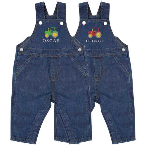 Embroidered Personalised Name Baby & Toddler Cotton Denim Dungarees Custom Text Farm Tractor Boys Gift