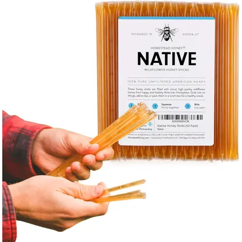 Homestead Honey Native Honey Sticks for Tea - 50-Pack Bulk Packets, Single Serve - Pure Wildflower Honey Straws - Easy-to-Open Honeycomb Stir Sticks for On-the-Go, Snacks, and Travel