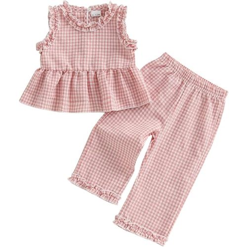 Toddler Baby Girl Clothes Summer Spring Baby Outfit Plaid Frill Trim Plaid Tank Tops Pants 12 18 24 Month 3T 4T