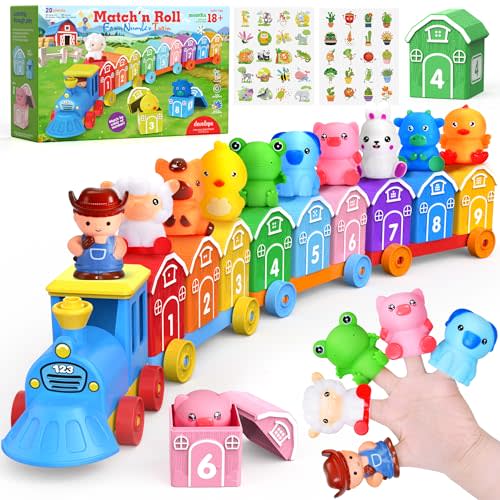 Montessori Toys for Toddlers 1 2 3 Years Old, Farm Animal Train Set with Counting Matching Sorting Activities 9 Barns, 10 Finger Puppets, 2 Stickers-Learning Toys for Baby Boys Girls, Preschool Gift