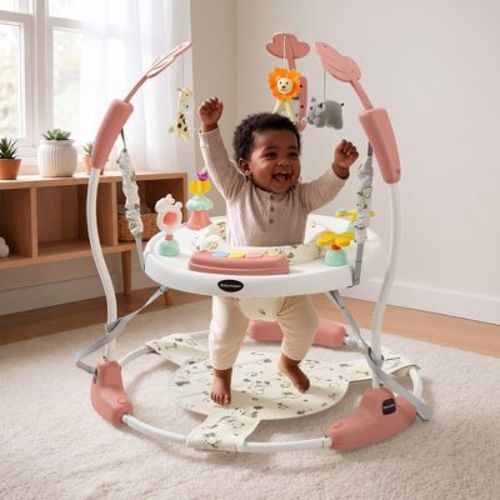Kinder King Baby Activity Center Jumper, 360° Rotating Seat, 3-Level Adjustable Height, Interactive Toys, Removable Foot Mat, Pink