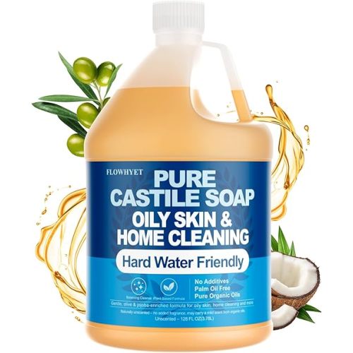 Pure Castile Soap Liquid Unscented 1 Gallon(128 floz) Refill,Organic Body Wash Bath Soap Castile Liquid,Hard Water Oily Skin Friendly for Body, Face, Hand,Dishes,Home Cleaner Fragrance Free