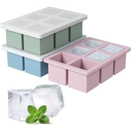 Large Silicone Ice Cube Tray 3Pack, SAWNZC Big Square Ice Cube Molds for Whisky Cocktail, Ice Maker Tray with Lid for Freezer, Easy Release (3, Blue+Green+Pink)