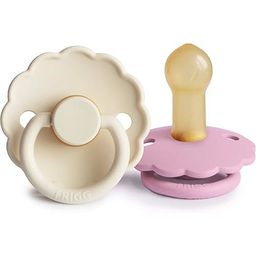 FRIGG Daisy Natural Rubber Baby Pacifier | Made in Denmark | BPA-Free (Cream/Lupine, Size 2) 2-Pack