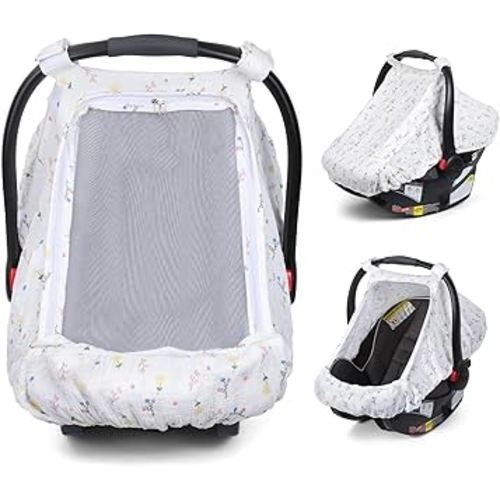 Orzbow Cotton Baby Car Seat Cover, Breathable Car Seat Canopy for Girls Boys with Mesh Window, Lightweight Baby Carrier Cover for Wind, Dust, Sun and Insects Protection, Universal Fit, White