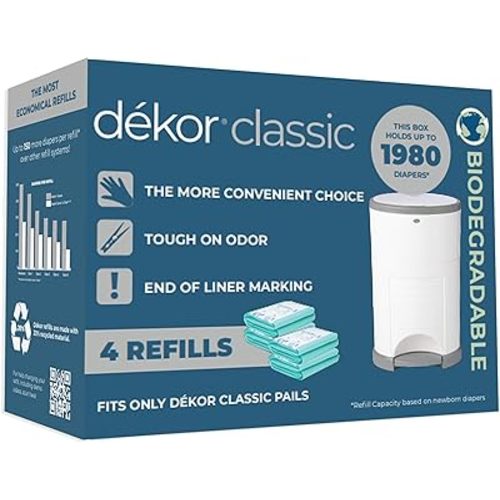 Diaper Dekor Classic Diaper Pail Biodegradable Refills | 4 Count | Most Economical Refill System | Quick & Easy to Replace | No Preset Bag Size Use Only What You Need | Exclusive End-of-Liner Marking