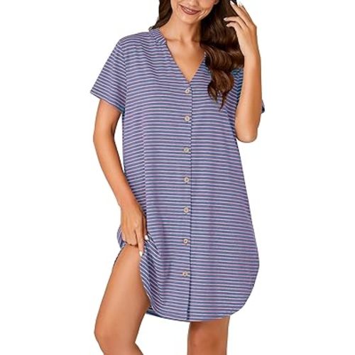 Vrtige Women's Cotton Striped Nightshirt Notch V Neck Short Sleeve Button Down Nightdress Nightgown