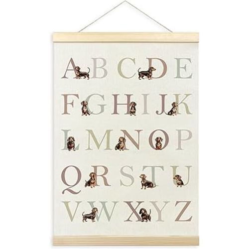 TLESKE Dachshund Alphabet ABC Chart Poster Hanger Frame, Homeschool Preschool Hanging Wall Art Decor for Dachshund Lover Toddler Kids Room Nursery Playroom, Wiener Dog ABC Print Picture Banner, 12x16