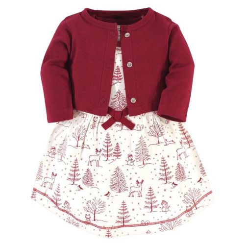 Touched by Nature Baby and Toddler Girl Organic Cotton Dress and Cardigan 2pc Set, Winter Woodland, 3-6 Months