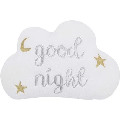 NoJo White Cloud with Gold & Silver Embroidery "Good Night" Decorative Pillow with Moon & Stars, White, Silver, Gold (2609723P)