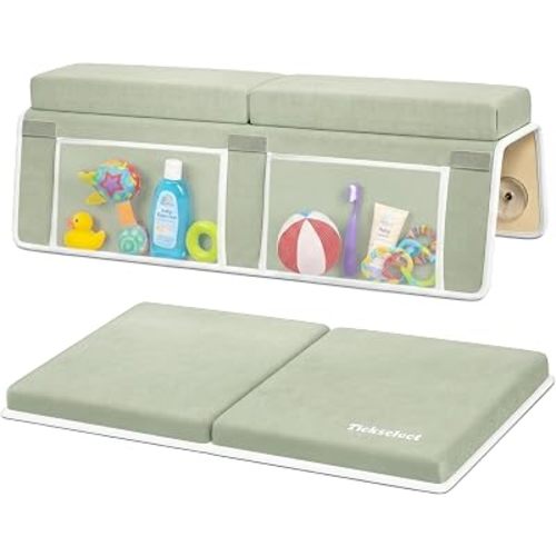 Bath Kneeler and Elbow Rest Pad Set-Baby Bath Kneeler with 1.5'' Comfortable Thick Memory Foam, Non-Slip Knee & Arm Support for Baby Bath Time,Foldable Bath Mat for Baby Storage Pockets (Green)