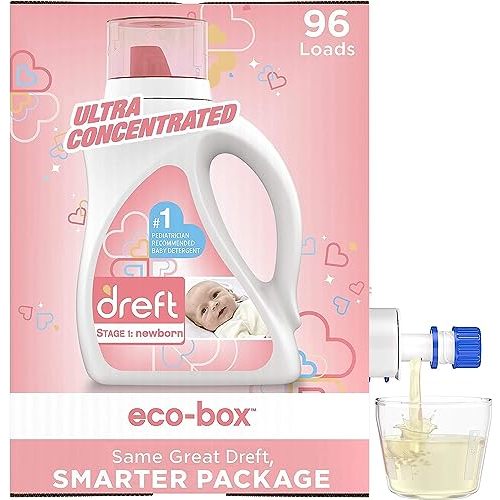 Dreft Stage 1: Baby Laundry Detergent Liquid Soap Eco-Box, Natural For Newborn, Or Infant, Ultra Concentrated He, 96 Loads - Hypoallergenic For Sensitive Skin